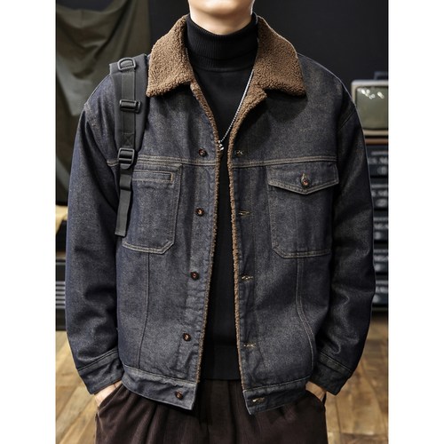 美式原浆丹宁羊羔绒牛仔外套男2025冬季新款加绒加厚保暖棉服夹克