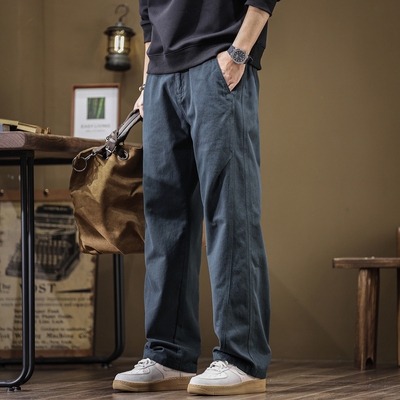 复古纯棉直筒休闲裤男潮牌痞帅工装裤秋冬季加绒宽松垂感阔腿长裤