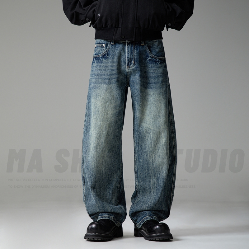 美式复古做旧vintage宽松直筒牛仔裤男加绒阔腿弯刀裤子秋冬新款