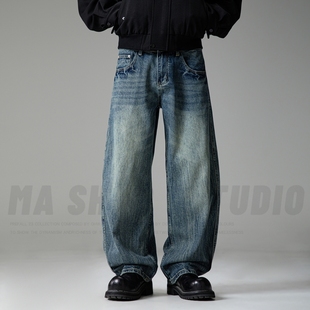 美式复古做旧vintage宽松直筒牛仔裤男加绒阔腿弯刀裤子秋冬新款