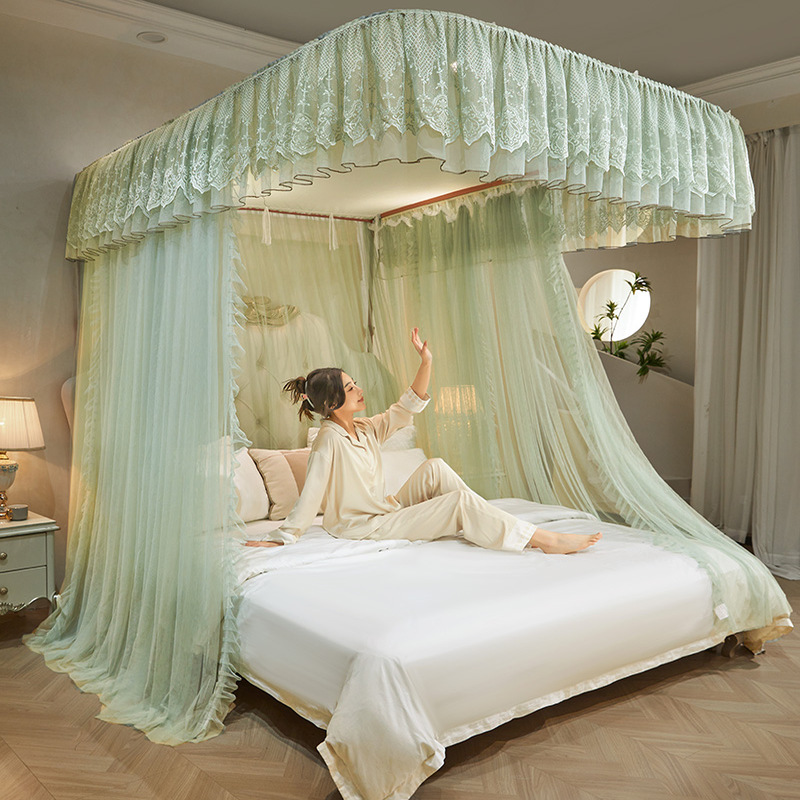 艺利轩不锈钢支架式蚊帐双层防蚊蕾丝花边宿舍导轨帐防尘