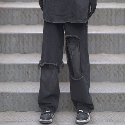 ZCNT高街裤子欧美hiphop美式嘻哈宽松破洞直筒牛仔裤
