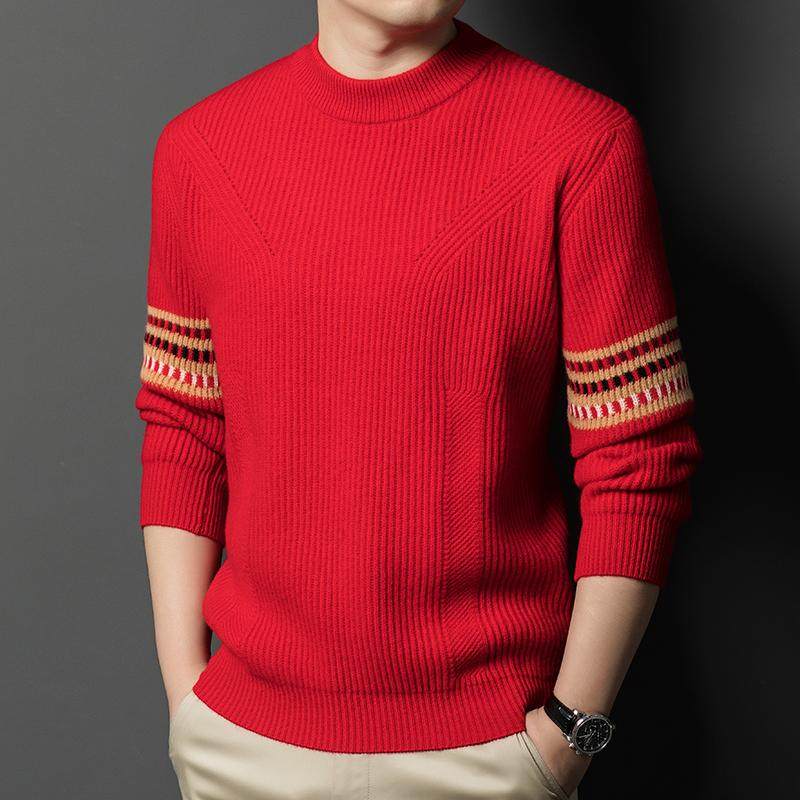 100纯羊毛爸爸装2025蛇年本命年红色上衣男士毛衣冬季打底羊毛衫
