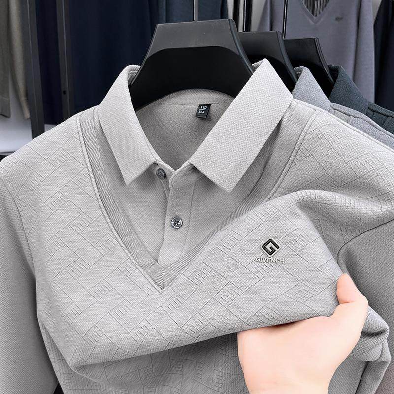 男士假两件长袖T恤秋冬季爸爸装保暖内衣单件加绒加厚上衣打底衫