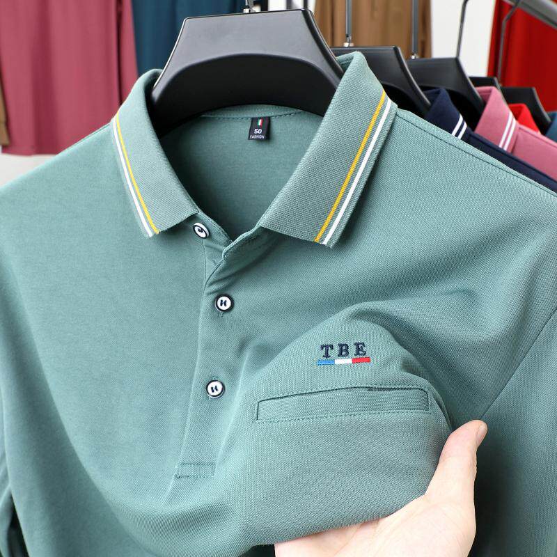 真口袋~男士夏季新款短袖POLO衫中年爸爸装翻有带领长袖T恤上衣服