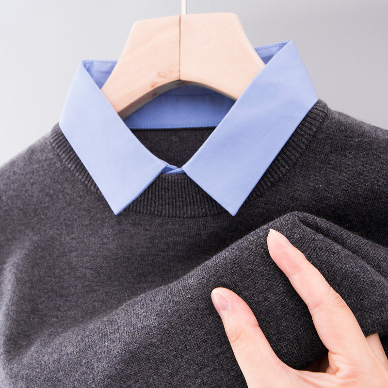 男士加厚毛衣打底针织衫秋冬季上衣中年爸爸真假两件套羊毛衫假领