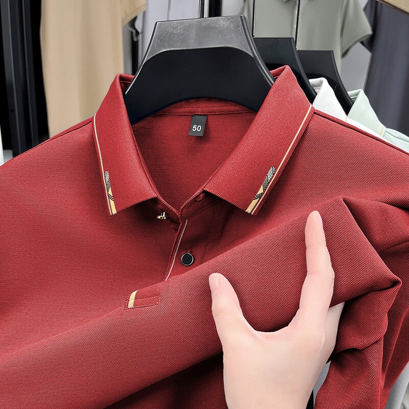 桑蚕丝~男士红色短袖T恤夏季爸爸装本命年婚宴冰丝无痕polo衫上衣