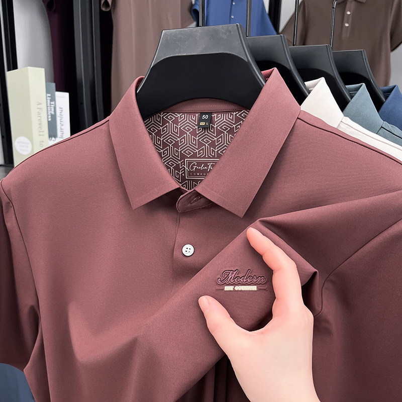 爸爸装红色冰丝短袖t恤男士夏季新款凉感无痕翻领商务polo衫上衣