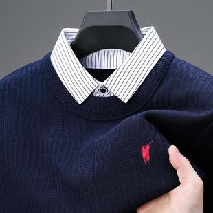 男士毛衣打底针织衫秋冬季加绒加厚一体绒爸爸装假两件衬衫领上衣