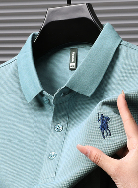男士短袖T恤冰丝纯棉爸爸夏装polo衫poli战马刺绣plol父亲上衣服