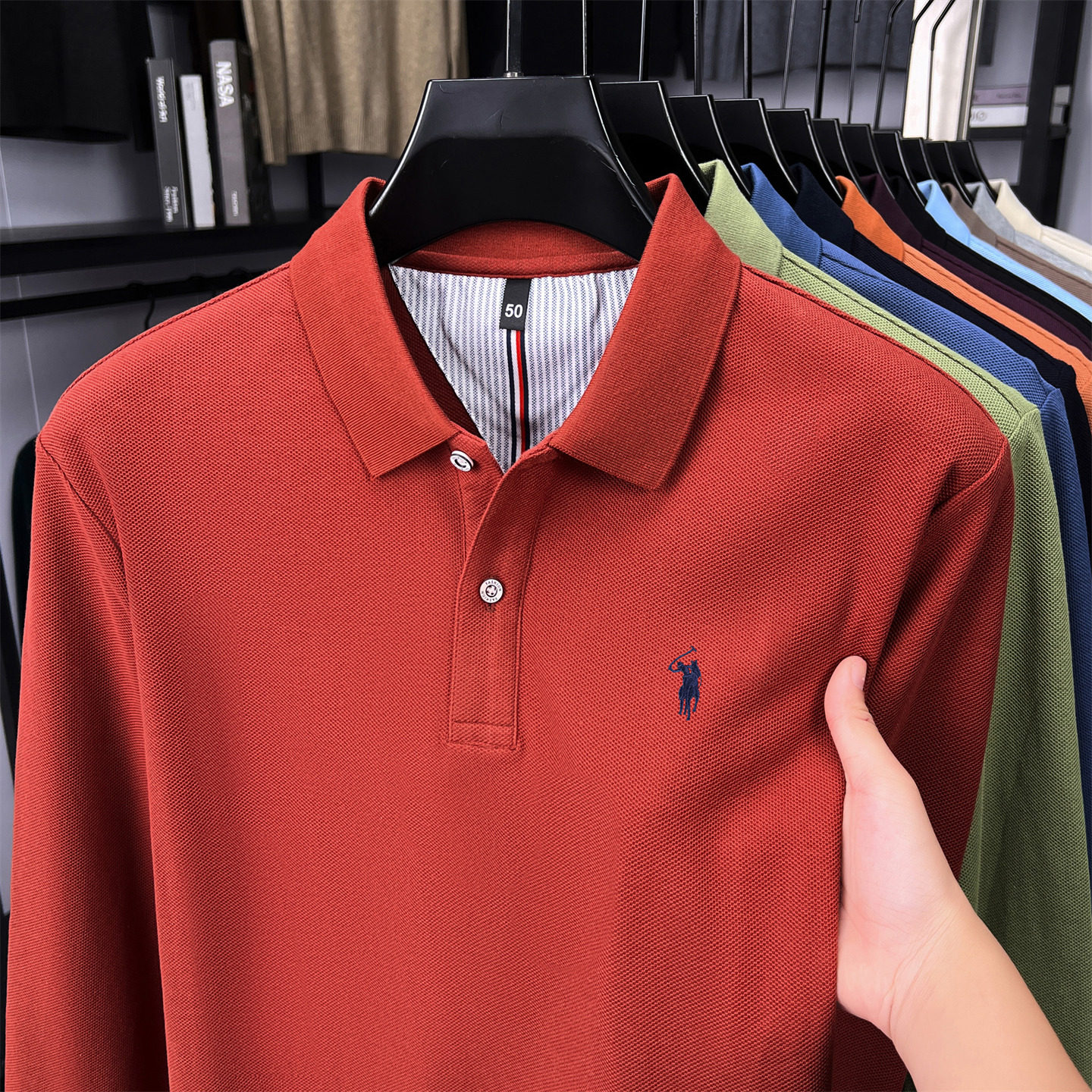 2025秋季新款男士长袖上衣爸爸翻领红色T恤polo衫小马中老年春秋