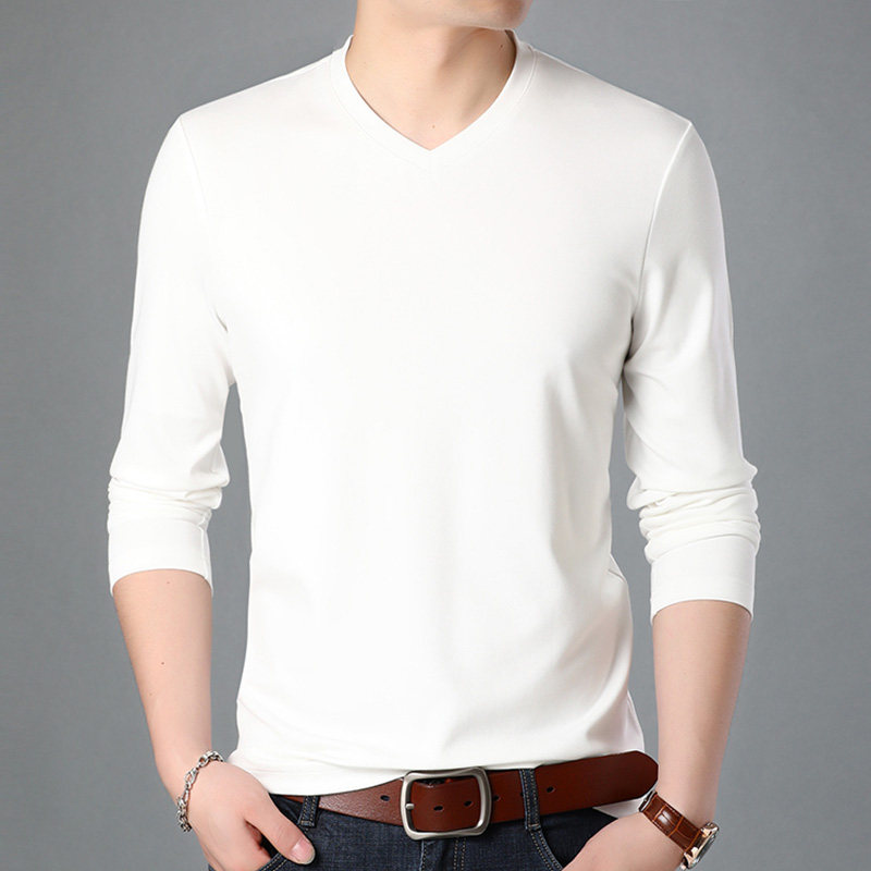 男士桑蚕丝长袖T恤春秋装v领内衣薄款冰丝莫代尔打底衫秋衣上衣服