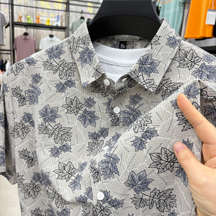 男士2025夏季新款冰丝短袖衬衫爸爸装翻领国潮风花衬衣无痕上衣服