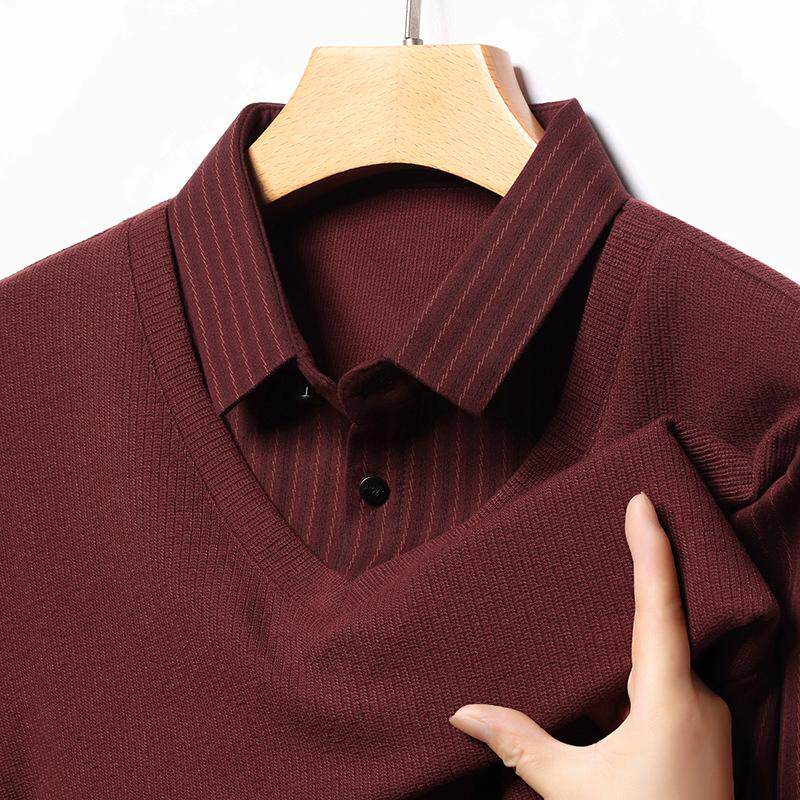 男士假两件长袖T恤打底衫衬衫领中年冬季爸爸装本命年红色上衣服