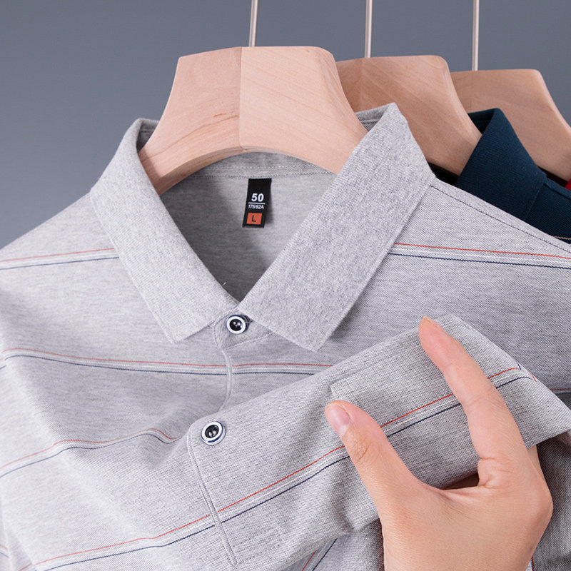 【真口袋】男士条纹短袖T恤有带翻领polo衫中年爸爸夏装冰丝上衣