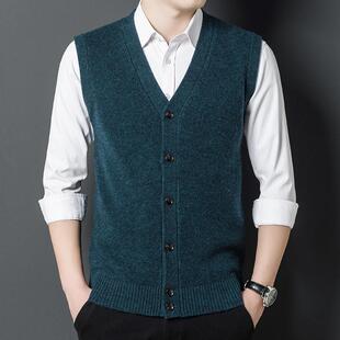 中老年男士针织打底马甲中年爸爸装毛衣秋冬季新款100纯羊毛背心
