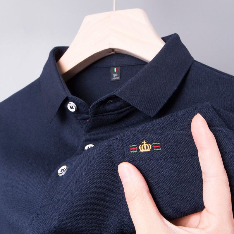 中年男士冰丝长袖t恤polo衫轻奢爸爸春秋装有领带口袋上衣