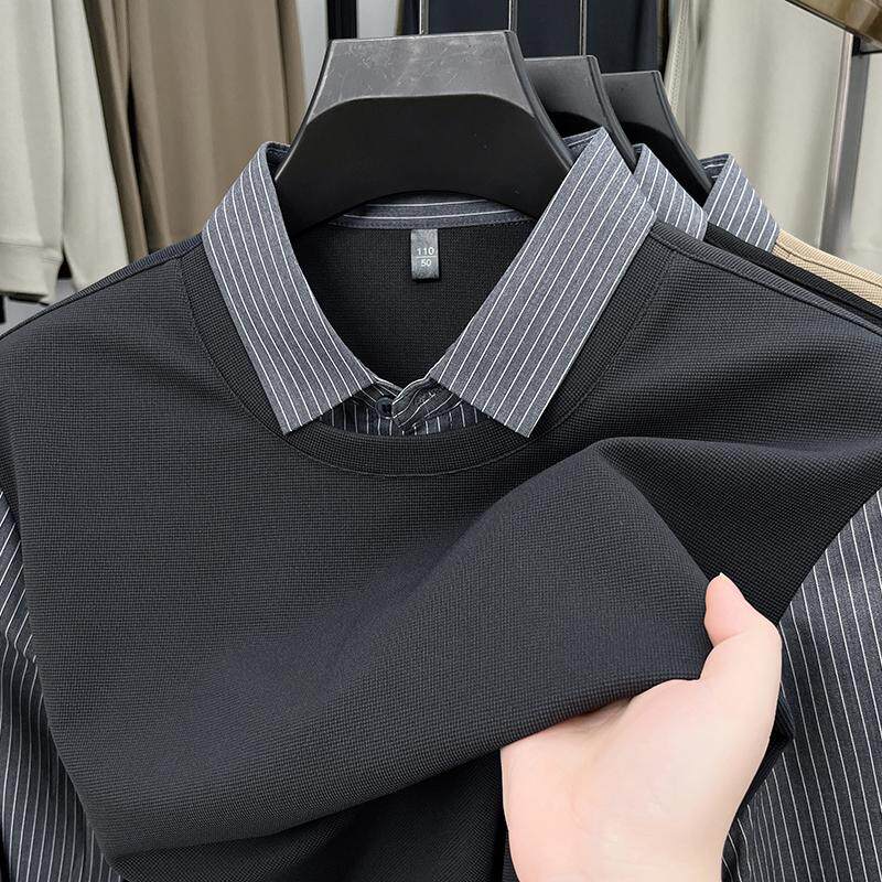 男士衬衫领针织衫毛衣秋冬季中年爸爸装真假两件内衣毛衣体恤上衣