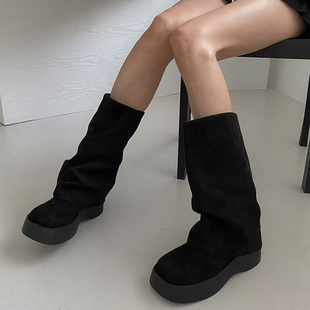 苏木槿温柔方头浪漫厚底增高袜靴子中筒靴机车靴2025秋cream韩国