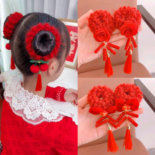 新年头饰中国风流苏发圈大红色儿童喜庆头饰鸿运当头扎丸子头发饰