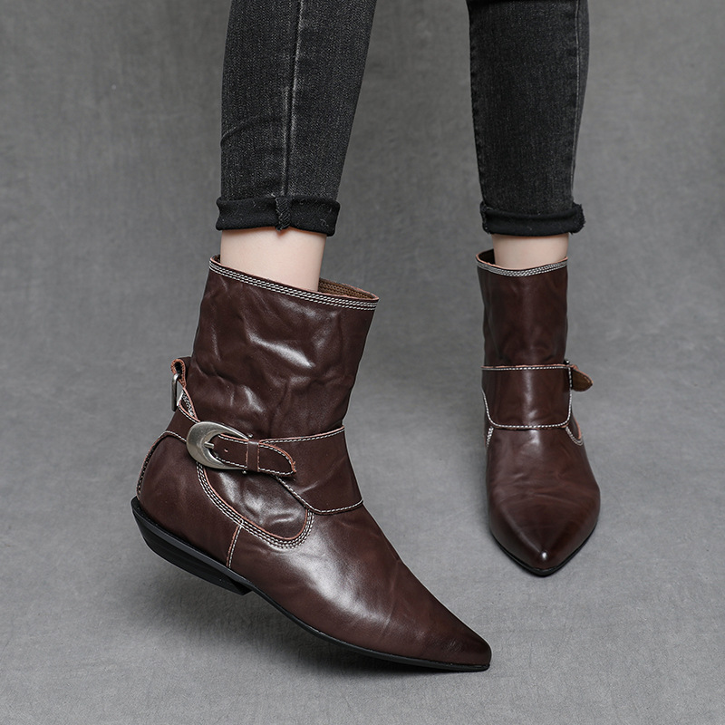 2025职业头层牛皮短筒西部牛仔女秋冬新款加绒尖头通勤瘦瘦靴时尚