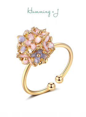 韩国Humming J四叶草花球活口食指戒指女ins小众设计开口绣球戒子