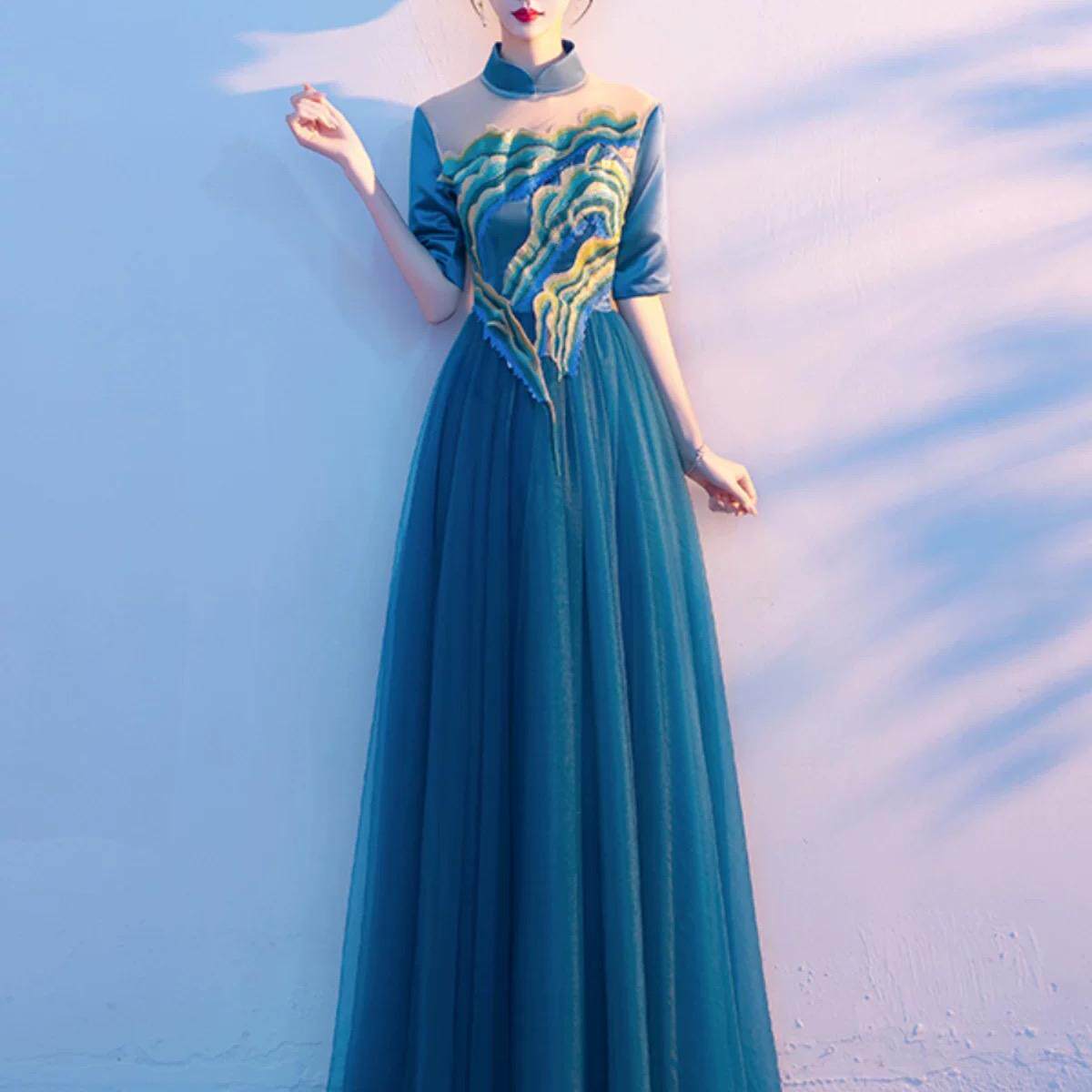 大合唱团演出服中国风千里江山红色礼服裙主持人晚礼服声乐指挥服