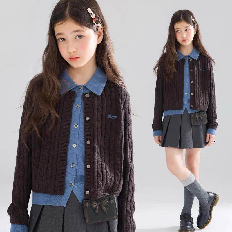 【缪蓝灵感】学院风复古假两件毛衣开衫女童2026秋冬款针织衫上衣