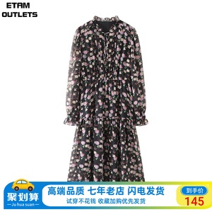 Etam/艾格复古碎花连衣裙春季2024新款女装木耳边长袖黑色雪纺裙