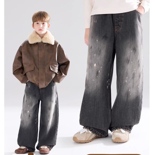 创意街头涂鸦软牛仔裤 玩家 加绒保暖男童2025冬季 新款 子 裤 时尚