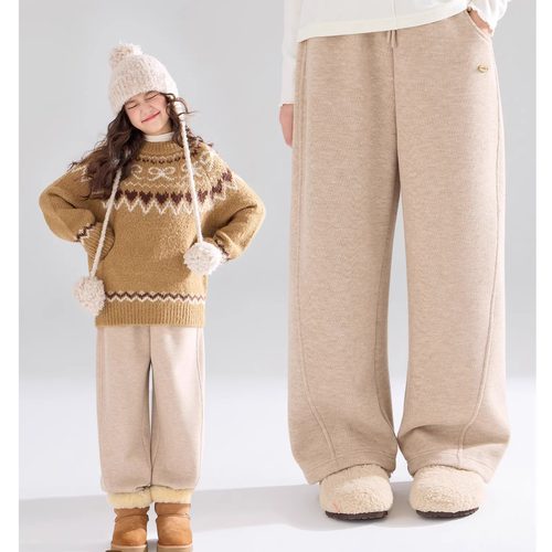 【燕麦牛奶】童装百搭厚实毛呢弯刀裤一体绒卫裤子女童2025冬新款