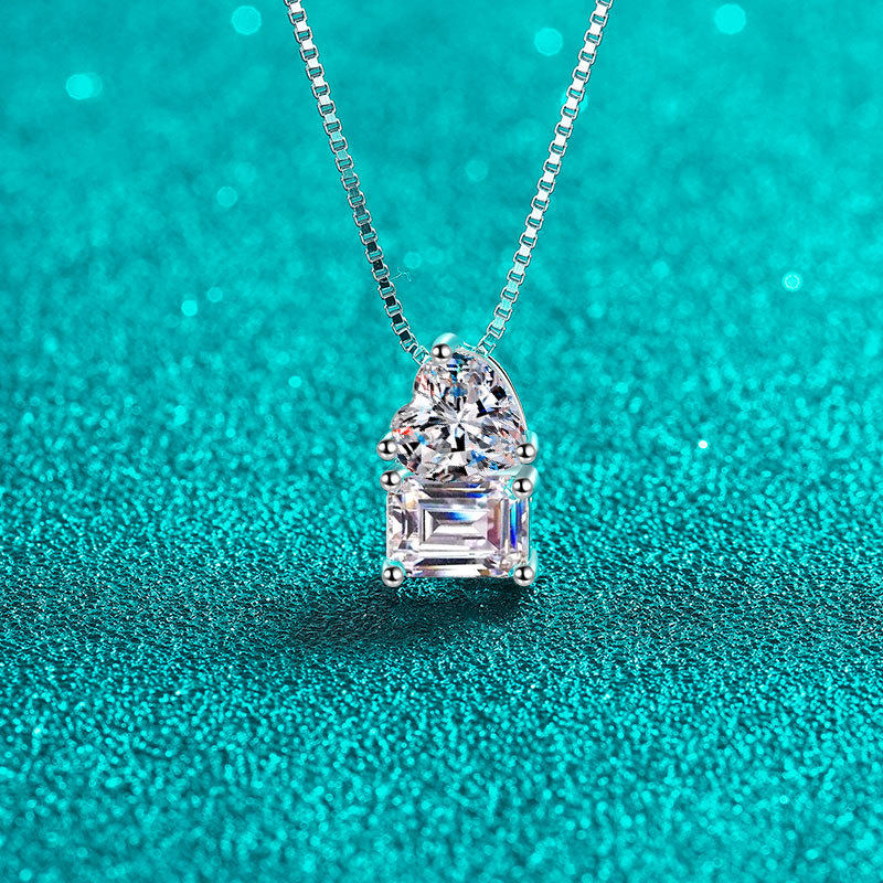 PT950铂金方糖女方形切割感锁骨链盒子2克拉莫桑石爱心吊坠项链