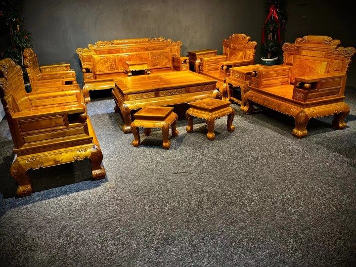 正宗四川金丝楠木小叶桢楠财源滚滚沙发实木水波纹雕花客厅大茶几