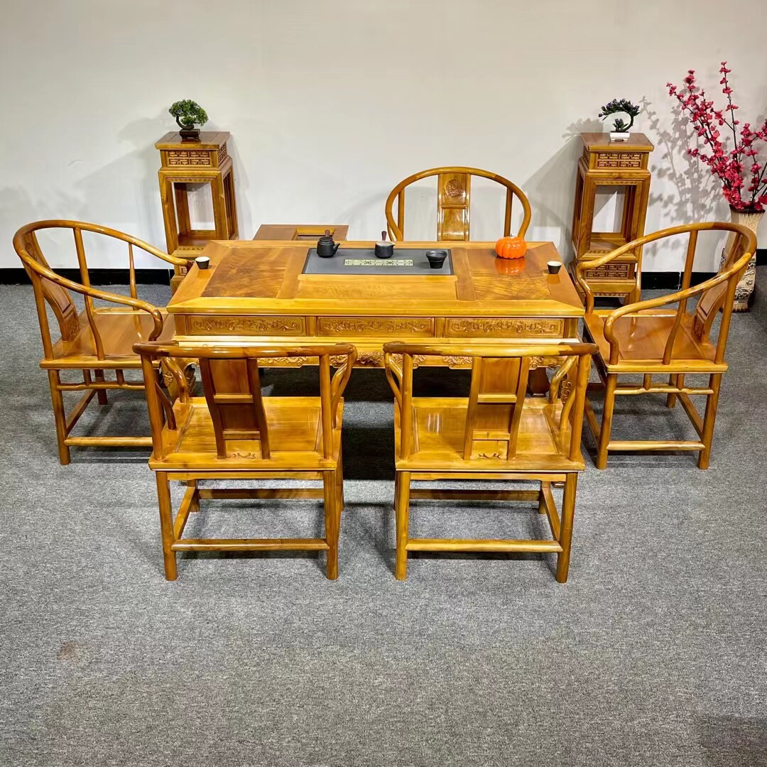 正宗金丝楠木小叶桢楠树头料虎脚茶桌七件套新中式实木156*86*78