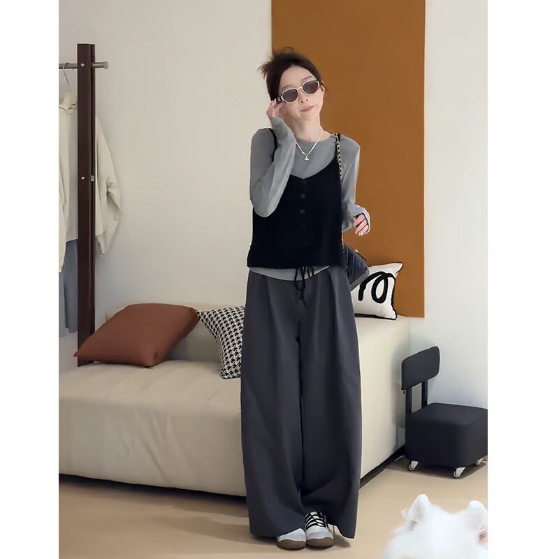韩系早秋穿搭套装独特绝美气质上衣针织吊带背心叠穿阔腿裤两件套