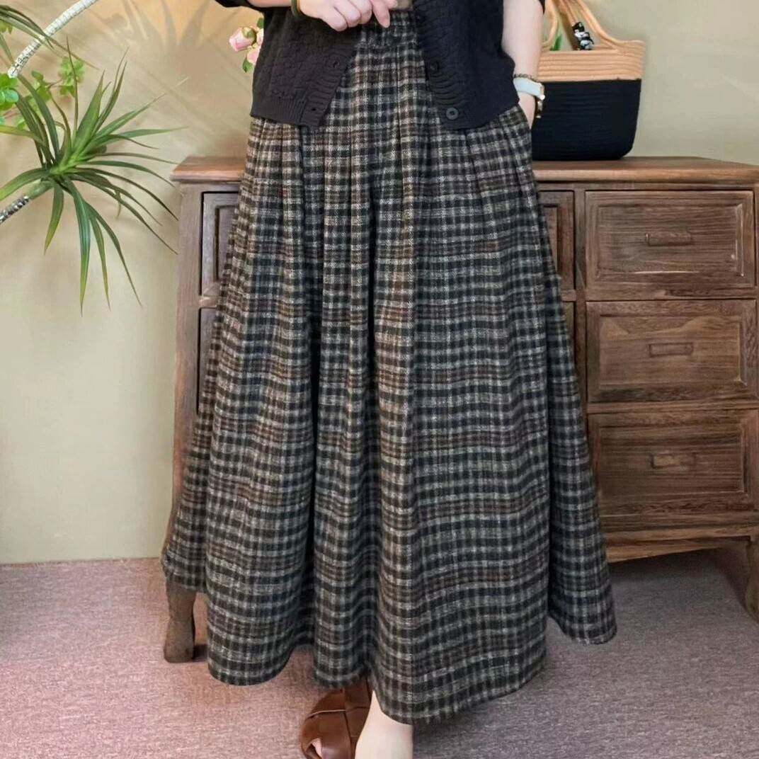 加厚毛呢松紧高腰格子半身裙中长款秋冬新款复古文艺A字长裙女