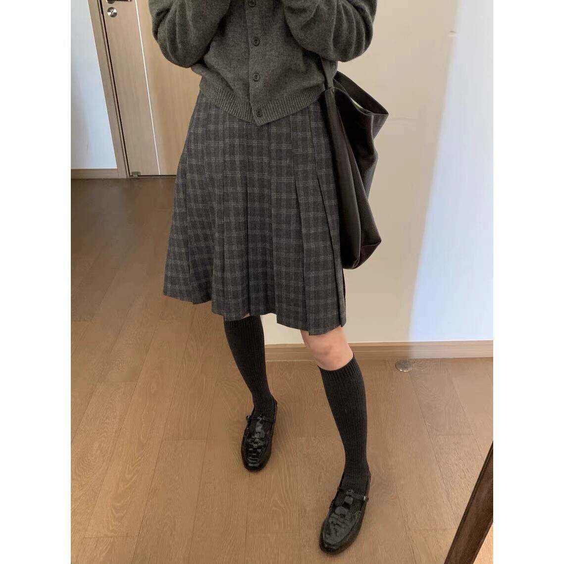 毛呢百褶半身裙学院风高腰显瘦格纹a字中裙韩系百搭灰色短裙秋冬