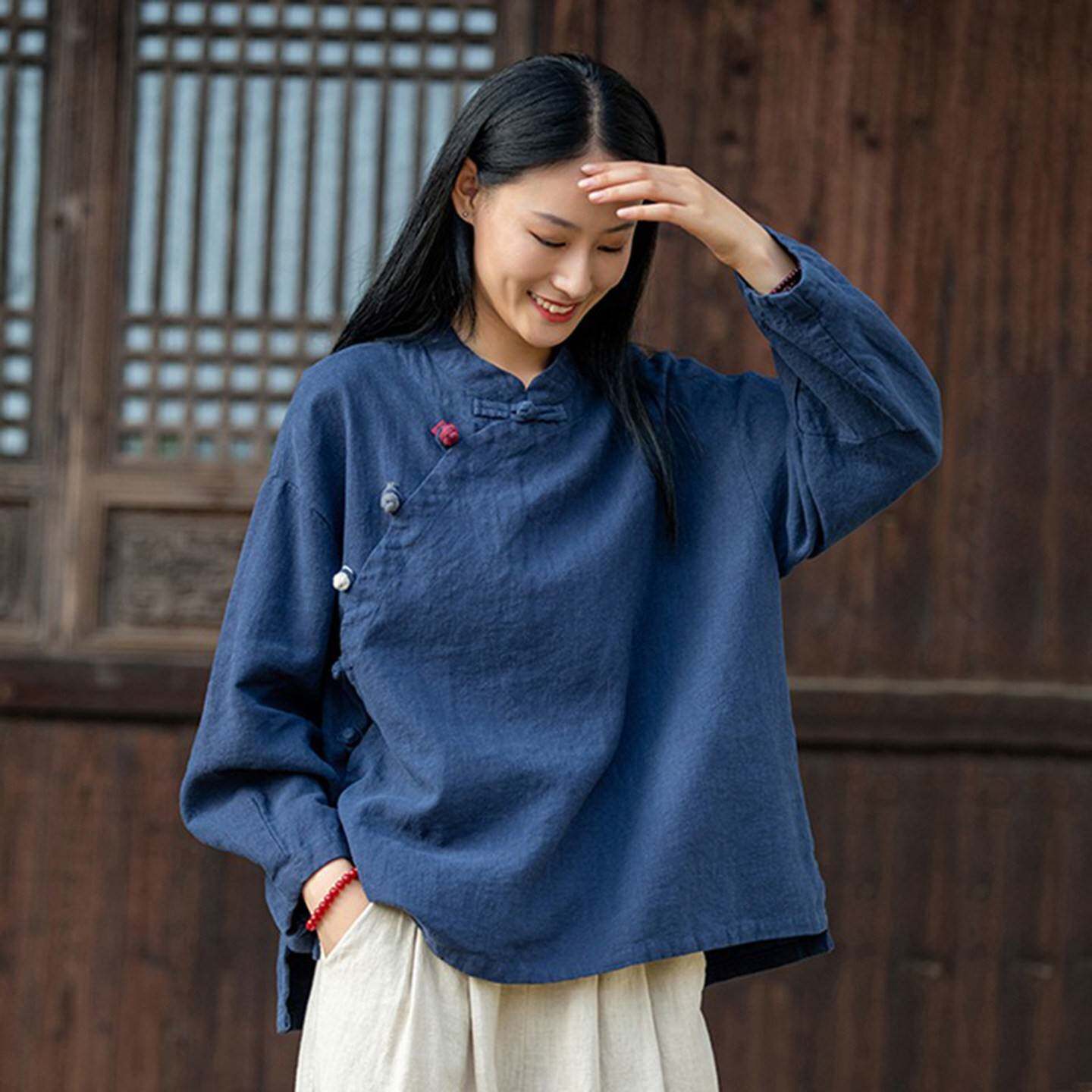 棉麻上衣2026新款 文艺复古中国风茶服女春秋高端苧麻盘扣长袖T恤