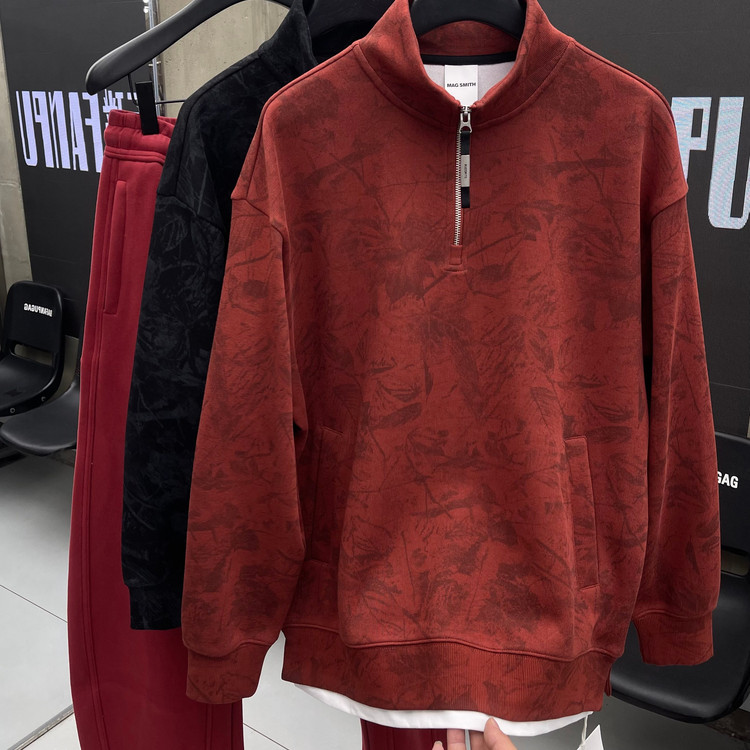 潮牌春老钱风暗纹卫衣男款假两件