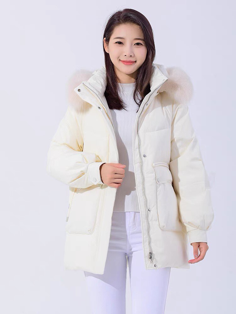 杰奥羽绒服女绿色2023新款中长加厚狐狸毛领可脱卸帽显瘦冬季外套