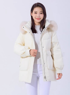 杰奥羽绒服女绿色2023新款中长加厚狐狸毛领可脱卸帽显瘦冬季外套