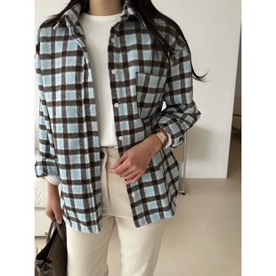 热卖 ㊣女士新款 推荐 25秋冬时尚 羊毛格纹 KIND 衬衫 ot韩国代购
