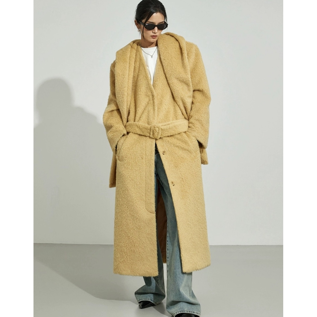 ONE BY TWO韩国代购㊣女装新款热卖中长款大衣含腰带围巾连帽