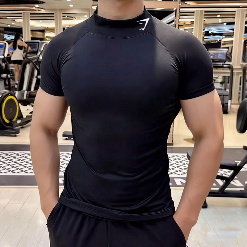 高领运动健身短袖男夏季篮球训练速干T恤高弹力吸汗跑步紧身衣服