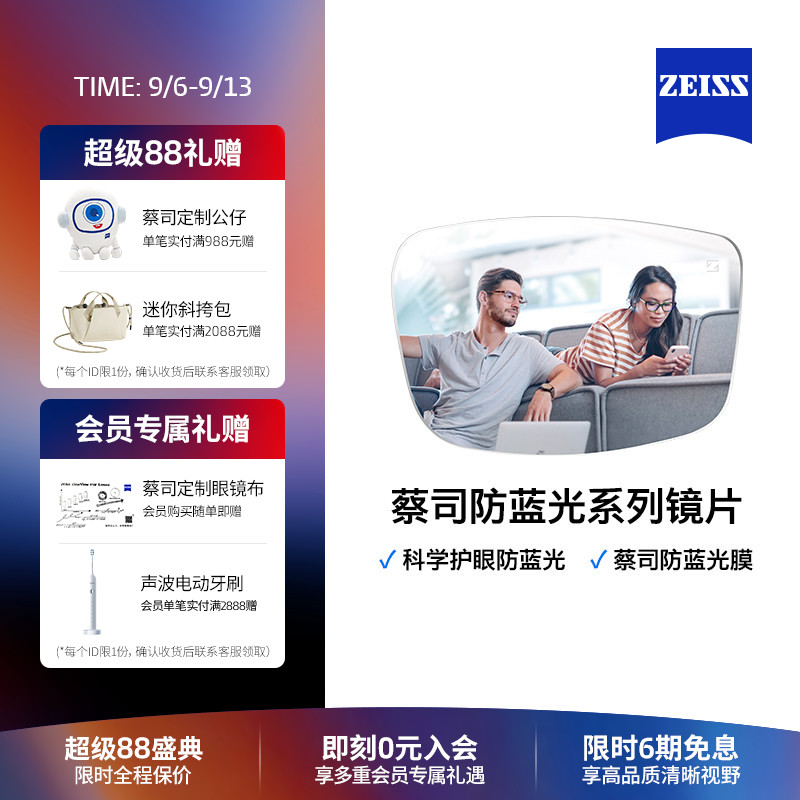 ZEISS/蔡司镜片 防蓝光树脂近视眼镜 男女款可配度数眼镜框架镜片