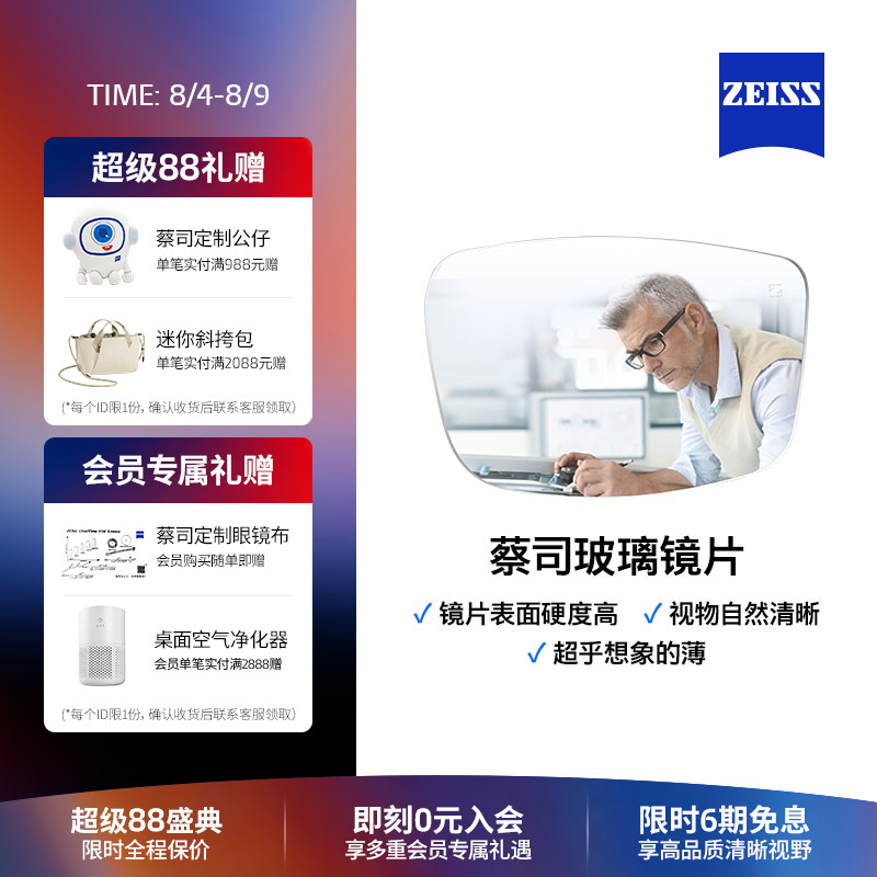 蔡司玻璃镜片轻薄高度数近视配镜