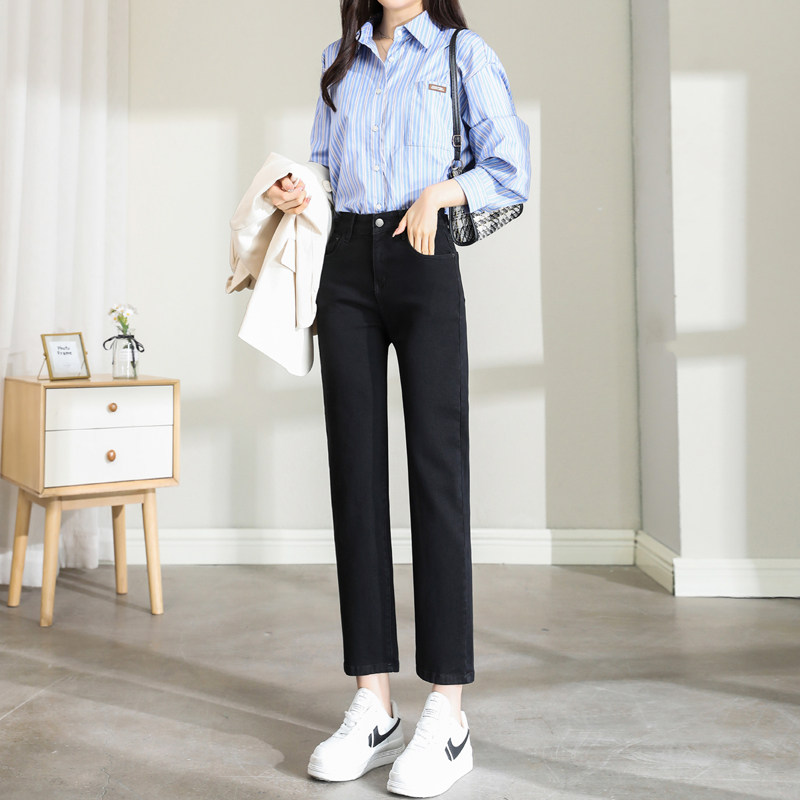 高腰直筒加绒加厚牛仔裤女秋冬季外穿宽松小个子八分烟管黑色裤子