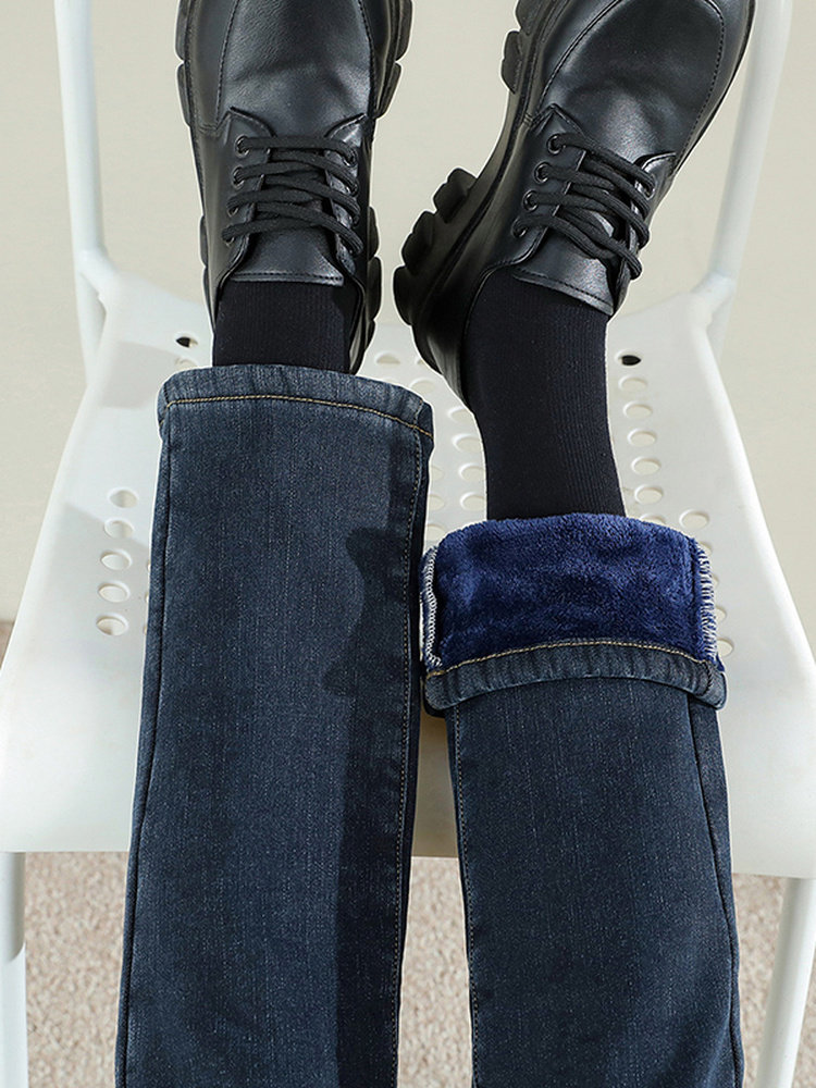 高腰加绒加厚直筒牛仔裤女秋冬季女士宽松烟管窄版九分小个子裤子