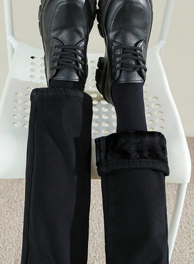 黑色高腰加绒加厚牛仔裤女冬季宽松窄版直筒外穿裤子秋冬款烟管裤