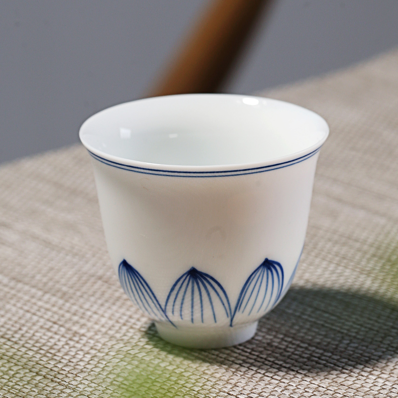 旧望格功夫茶具品茗杯薄胎白瓷茶杯手绘陶瓷双线茶盏单杯喝茶杯子
